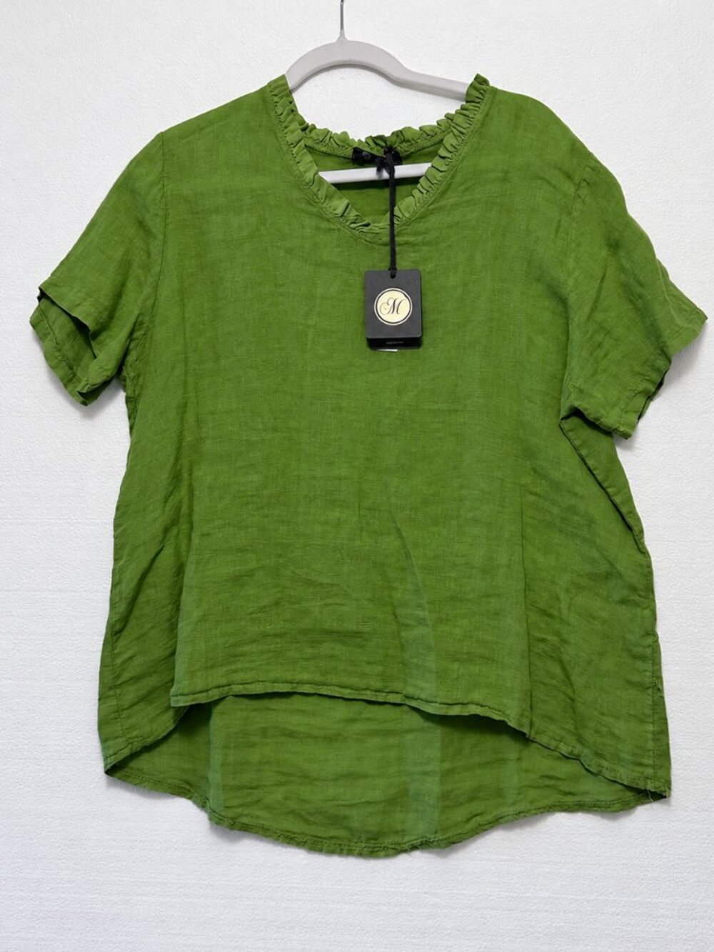 Ming Wang Women's High Low Green LINEN Short Sleeve Shirt Ruffled V-Neck NEW